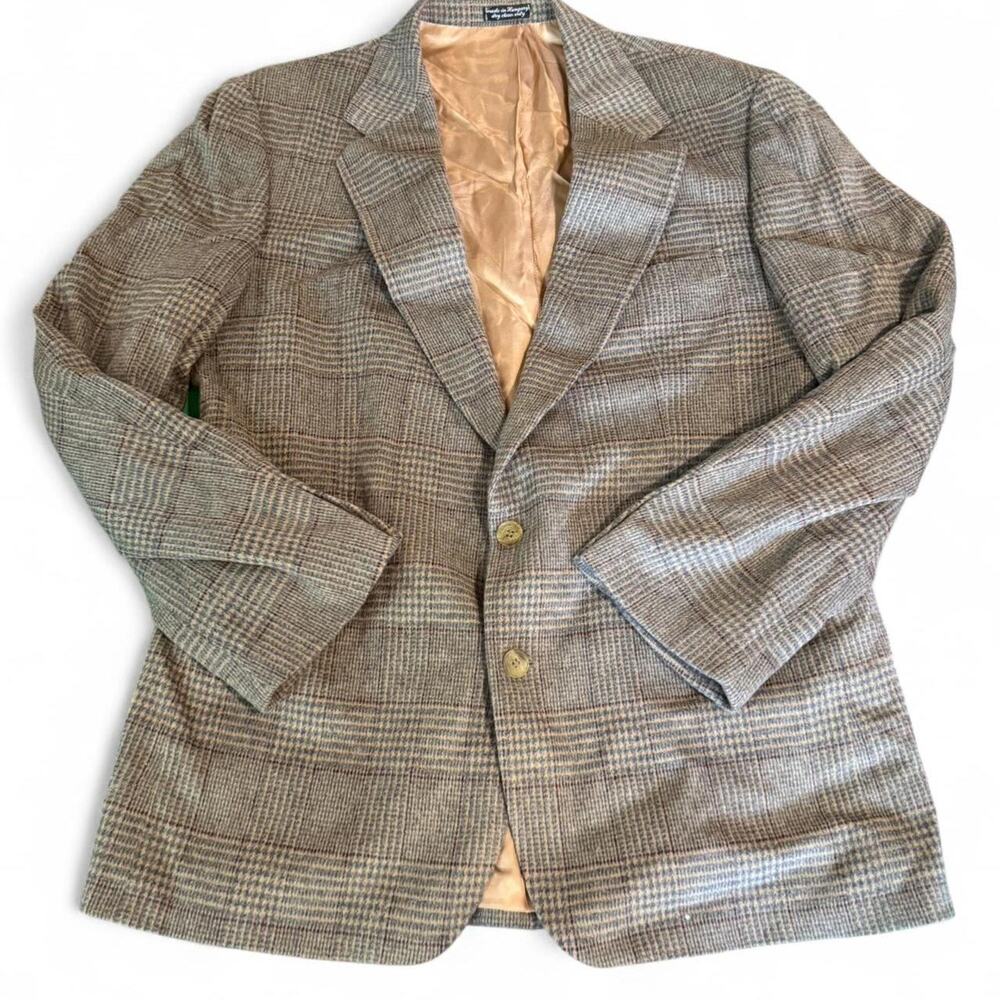 J.G. Hook Vintage 80s Brown Plaid Camel Hair Plaid Blazer 1970s Style 42R Preppy